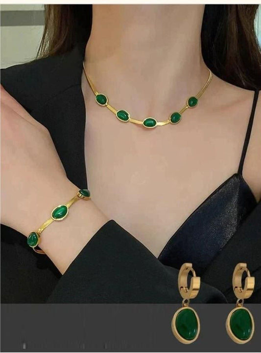 Oval Green Crystal Pendant Necklace Set with Bracelet – Gold Plated (Women)