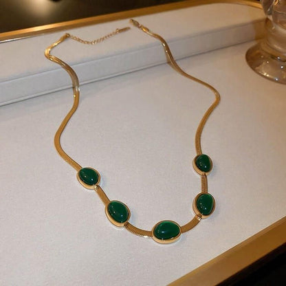 Oval Green Crystal Pendant Necklace Set with Bracelet – Gold Plated (Women)