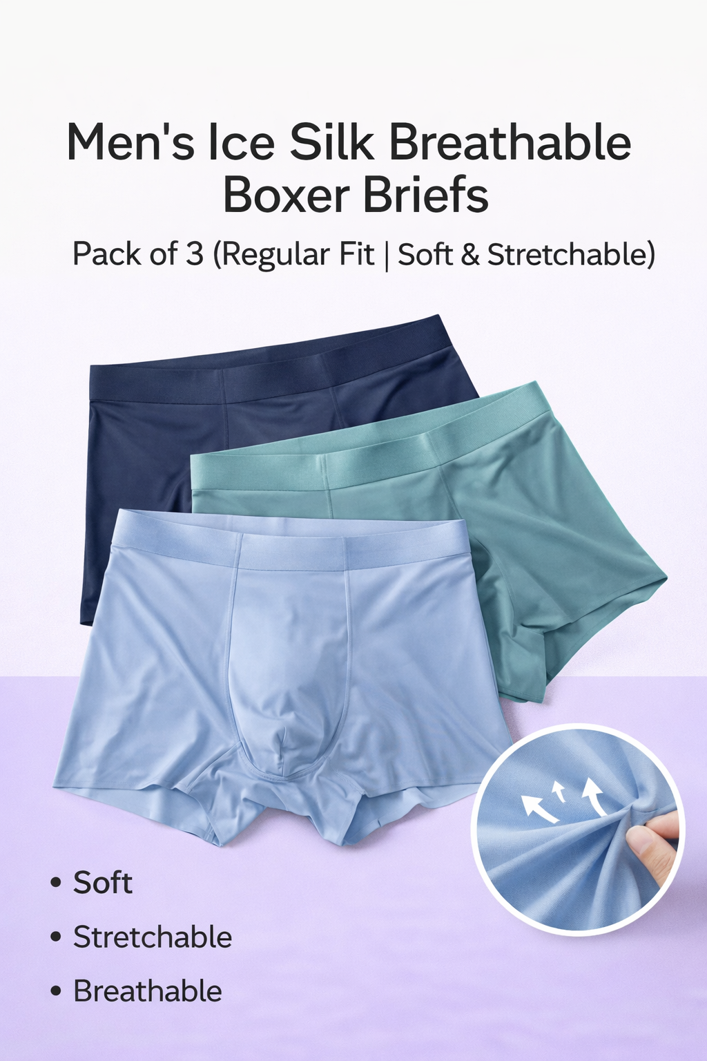 Men’s Ice Silk Breathable Boxer Briefs – Pack of 3 (Regular Fit | Soft & Stretchable)