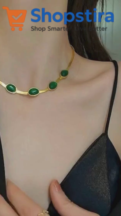 Oval Green Crystal Pendant Necklace Set with Bracelet – Gold Plated (Women)