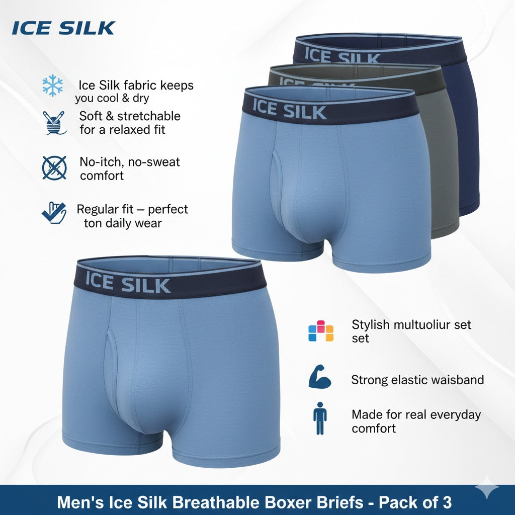 Men’s Ice Silk Breathable Boxer Briefs – Pack of 3 (Regular Fit | Soft & Stretchable)